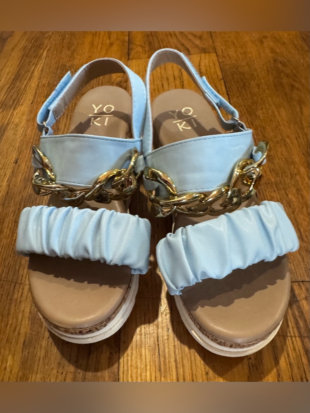 Yoki Pale Blue Platform Sandals with Gold Chain Accent